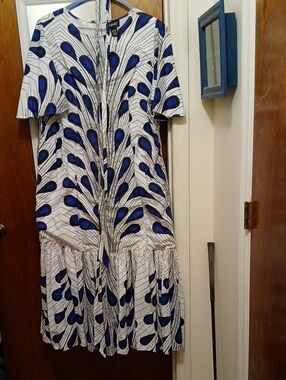 Ashro Blue and White Peacock-Print Midi Dress With Tie Belt